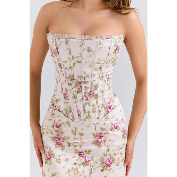 NEW, HOUSE OF CB Isis Floral Corset Bodice Gown In White floral Sz L #MD1251 - Picture 7 of 13